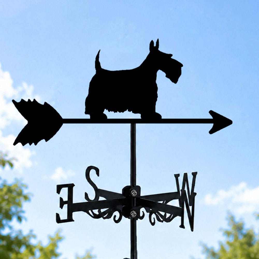 Scottish terrier metal weather vane with directional arrows and mounting rod, outdoor roof and garden decoration