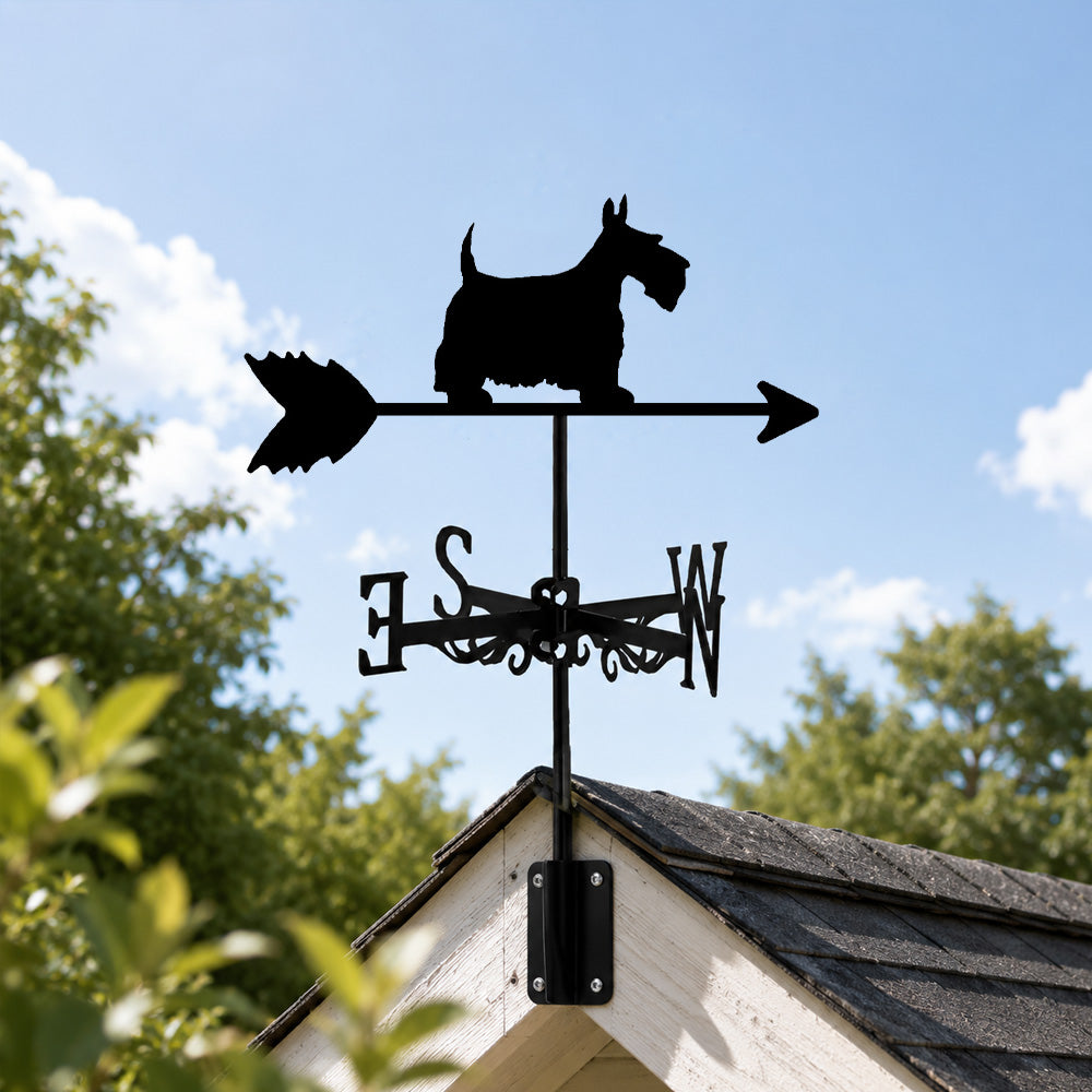 Scottish terrier metal weather vane with directional arrows and mounting rod, outdoor roof and garden decoration