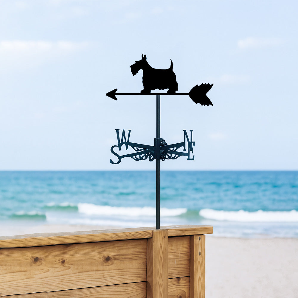 Scottish terrier metal weather vane with directional arrows and mounting rod, outdoor roof and garden decoration