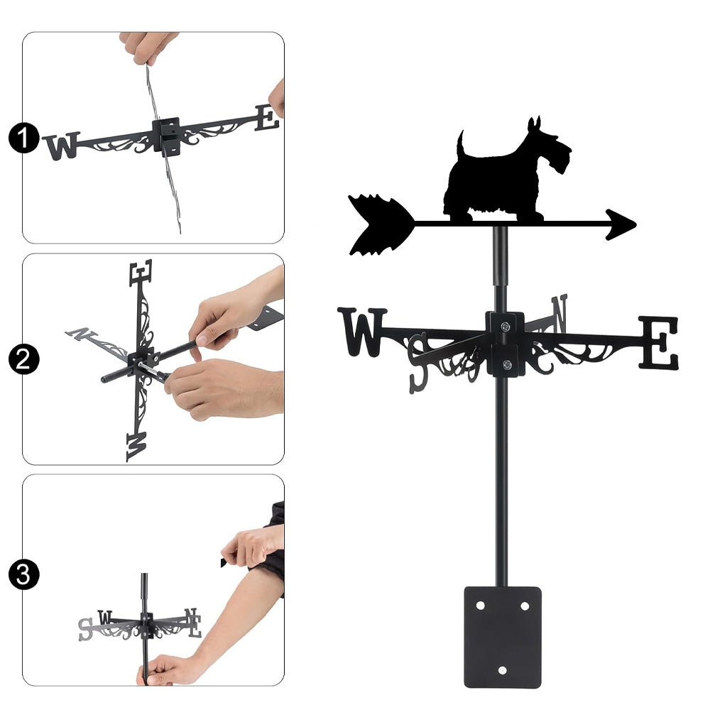 Scottish terrier metal weather vane with directional arrows and mounting rod, outdoor roof and garden decoration