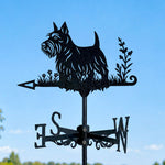 Scottish terrier metal weather vane with directional arrows and mounting rod, outdoor roof and garden decoration