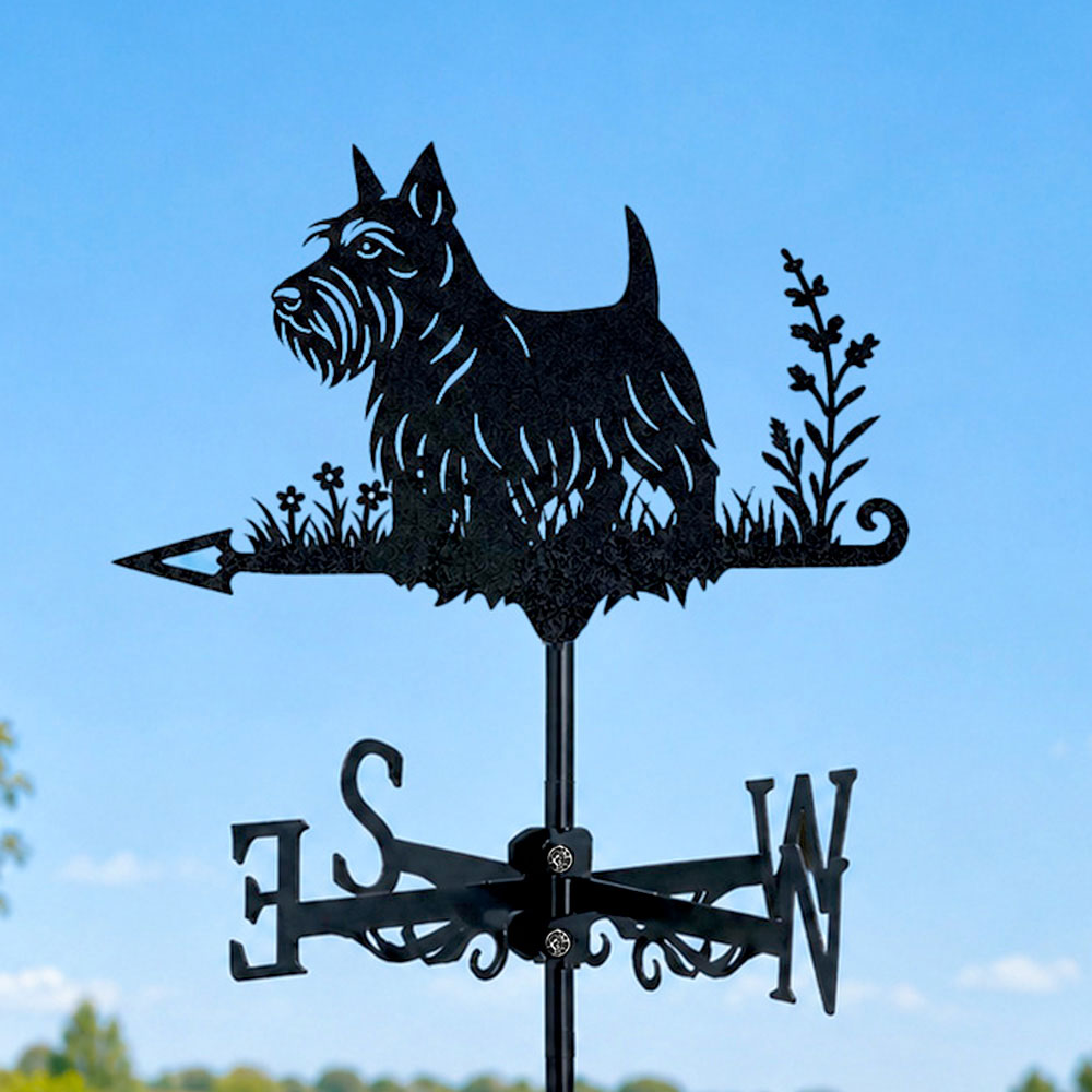Scottish terrier metal weather vane with directional arrows and mounting rod, outdoor roof and garden decoration