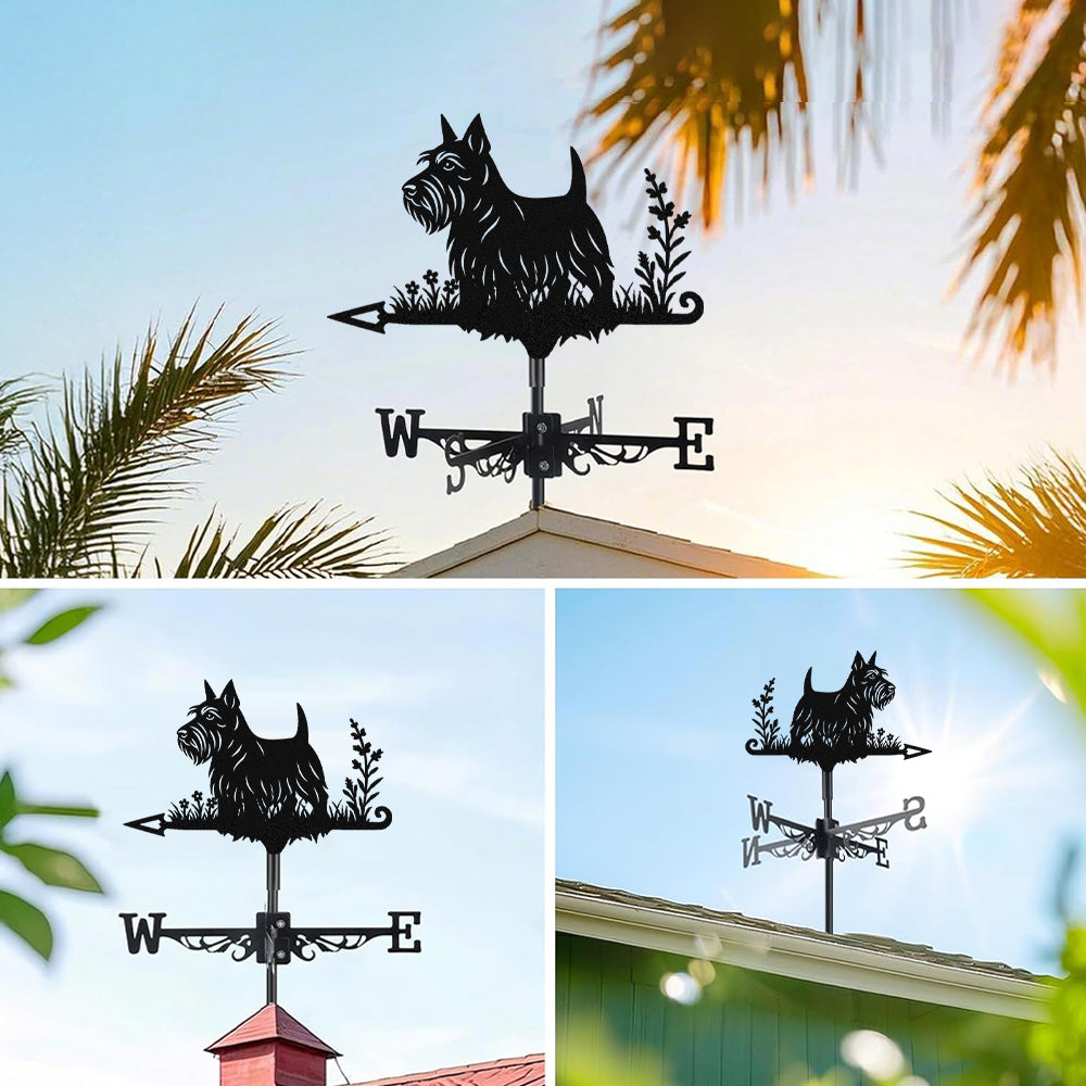 Scottish terrier metal weather vane with directional arrows and mounting rod, outdoor roof and garden decoration