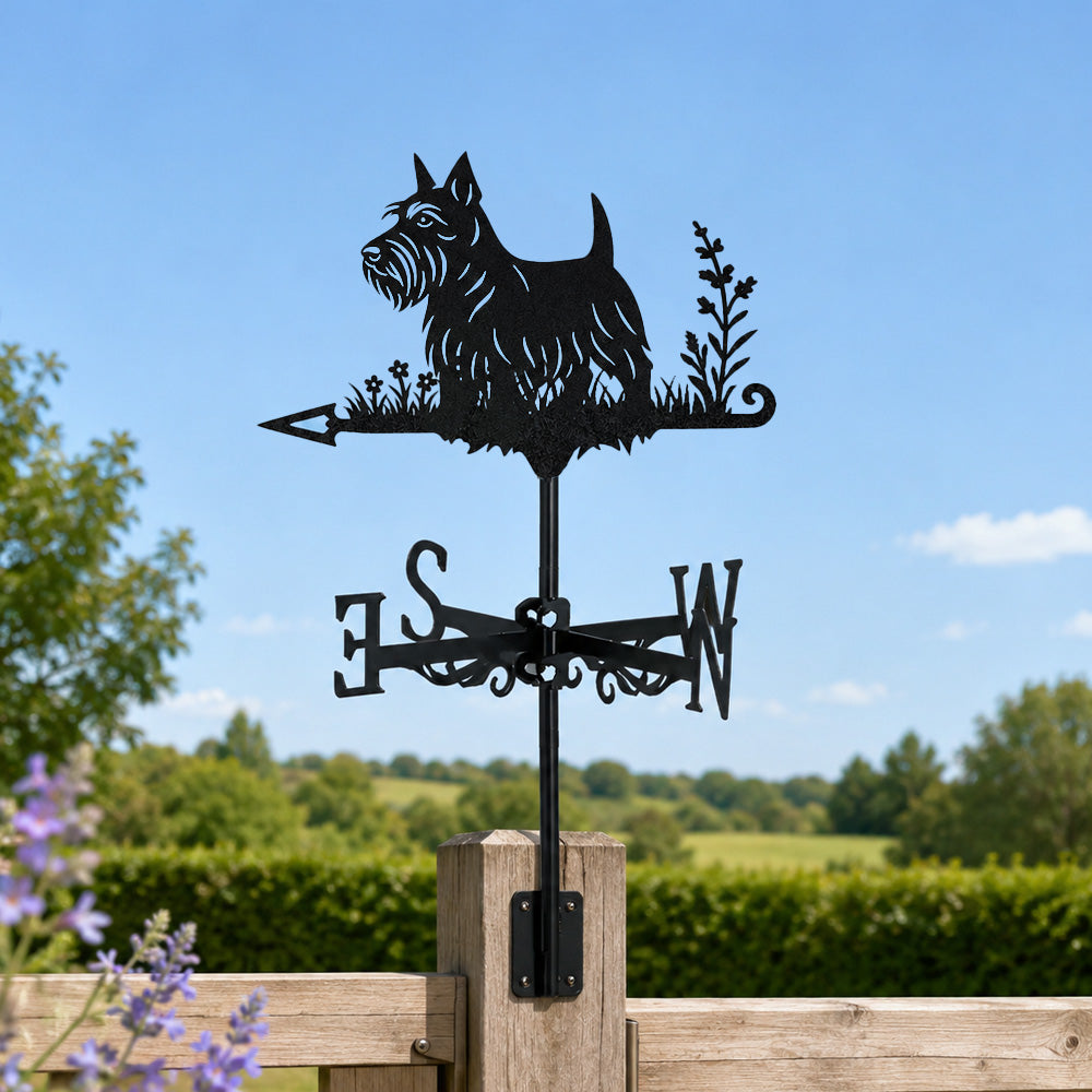Scottish terrier metal weather vane with directional arrows and mounting rod, outdoor roof and garden decoration