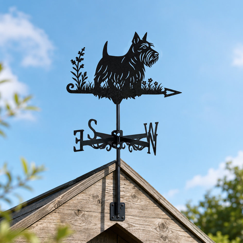 Scottish terrier metal weather vane with directional arrows and mounting rod, outdoor roof and garden decoration