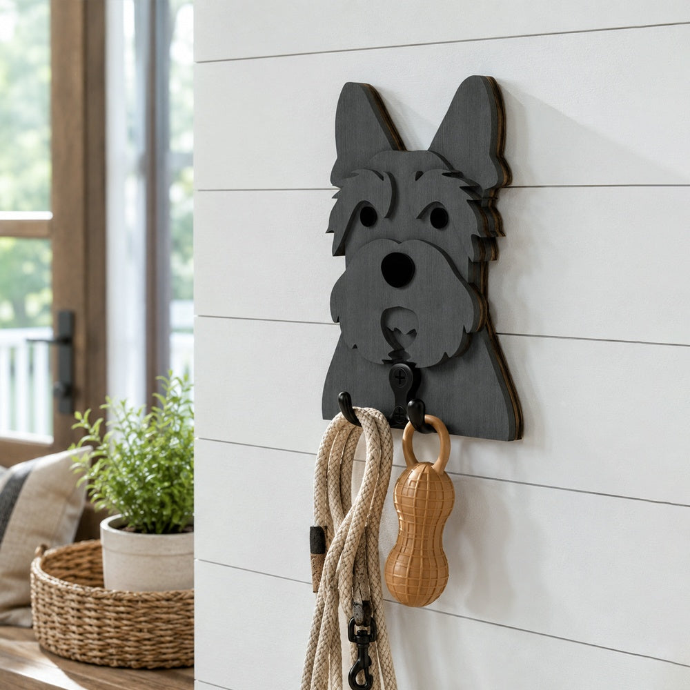 Wooden scottish terrier dog wall hook key and leash holder for home entryway organizer