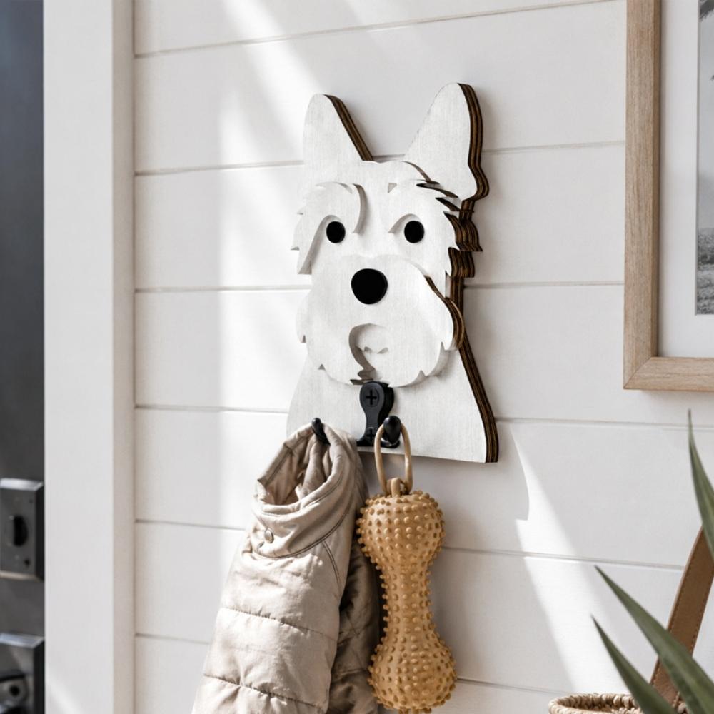 Wooden scottish terrier dog wall hook key and leash holder for home entryway organizer