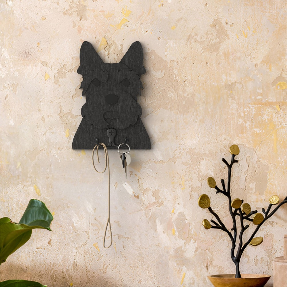 Wooden scottish terrier dog wall hook key and leash holder for home entryway organizer