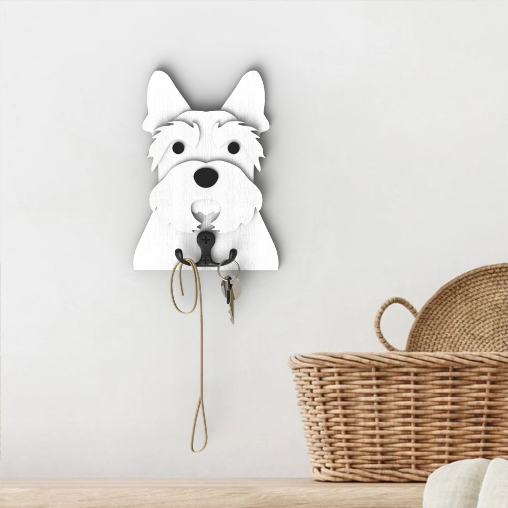 Wooden scottish terrier dog wall hook key and leash holder for home entryway organizer