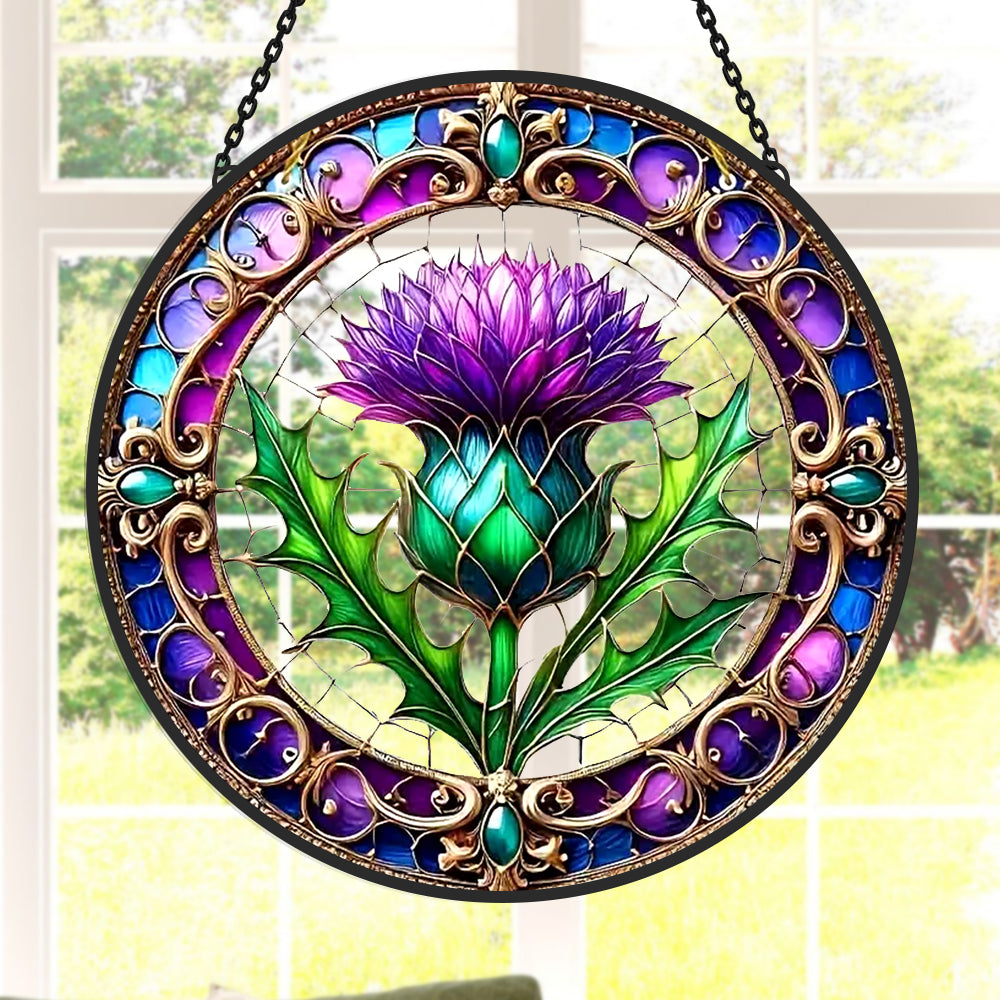 Scottish thistle purple flower stained glass suncatcher window hanging, suitable for home and garden decoration