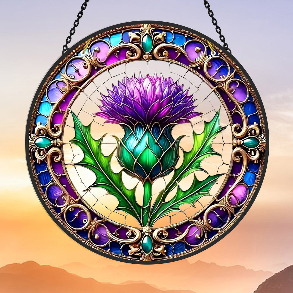 Scottish thistle purple flower stained glass suncatcher window hanging, suitable for home and garden decoration