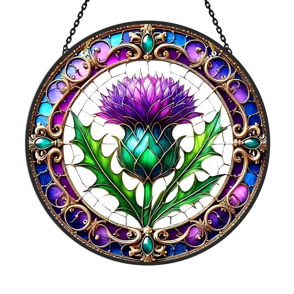 Scottish thistle purple flower stained glass suncatcher window hanging, suitable for home and garden decoration
