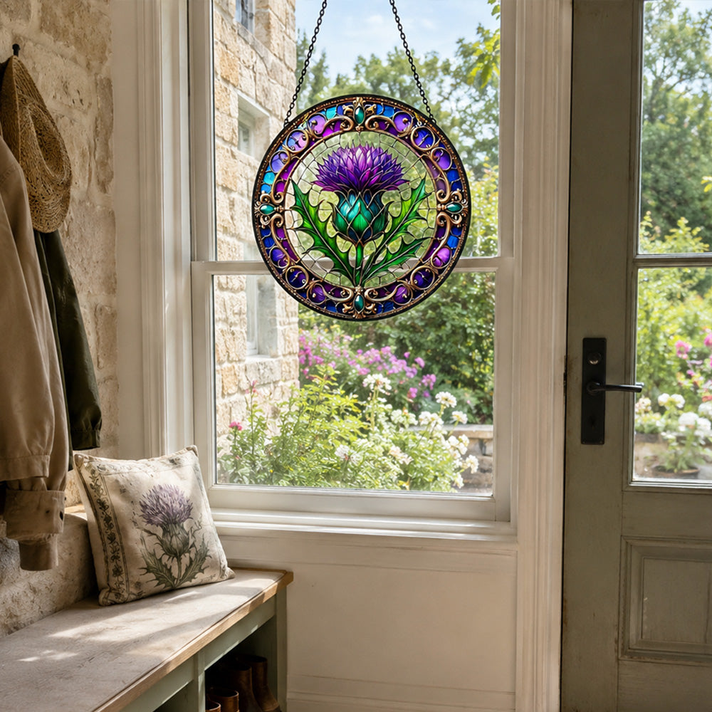 Scottish thistle purple flower stained glass suncatcher window hanging, suitable for home and garden decoration