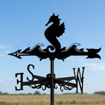 Seahorse metal weather vane with directional arrows and mounting rod, outdoor roof and garden decoration
