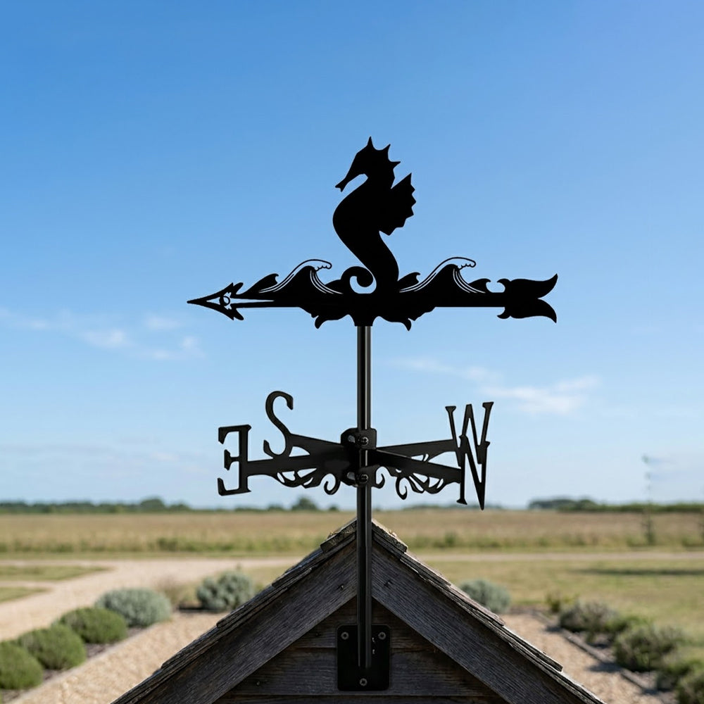 Seahorse metal weather vane with directional arrows and mounting rod, outdoor roof and garden decoration