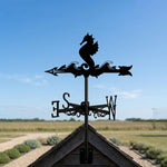 Seahorse metal weather vane with directional arrows and mounting rod, outdoor roof and garden decoration