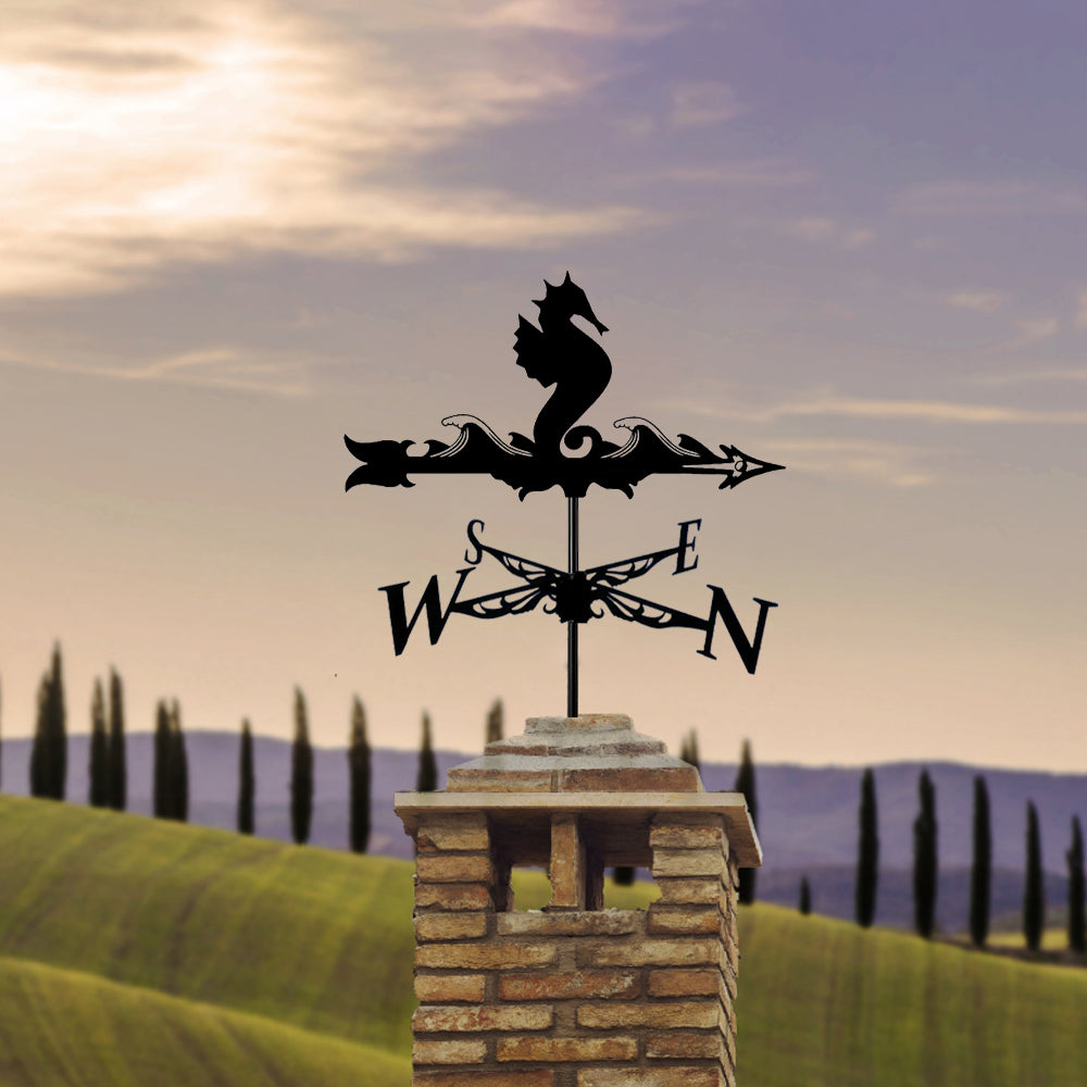 Seahorse metal weather vane with directional arrows and mounting rod, outdoor roof and garden decoration
