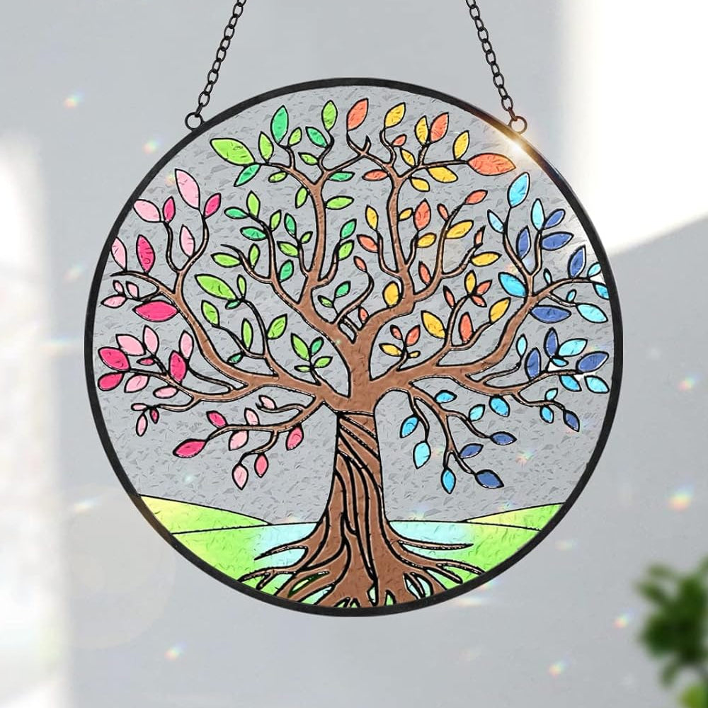 Seasons tree of life stained glass suncatcher window hanging, suitable for home and garden decoration