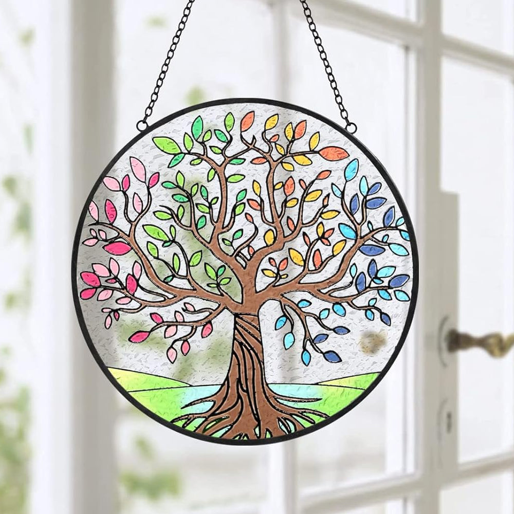 Seasons tree of life stained glass suncatcher window hanging, suitable for home and garden decoration