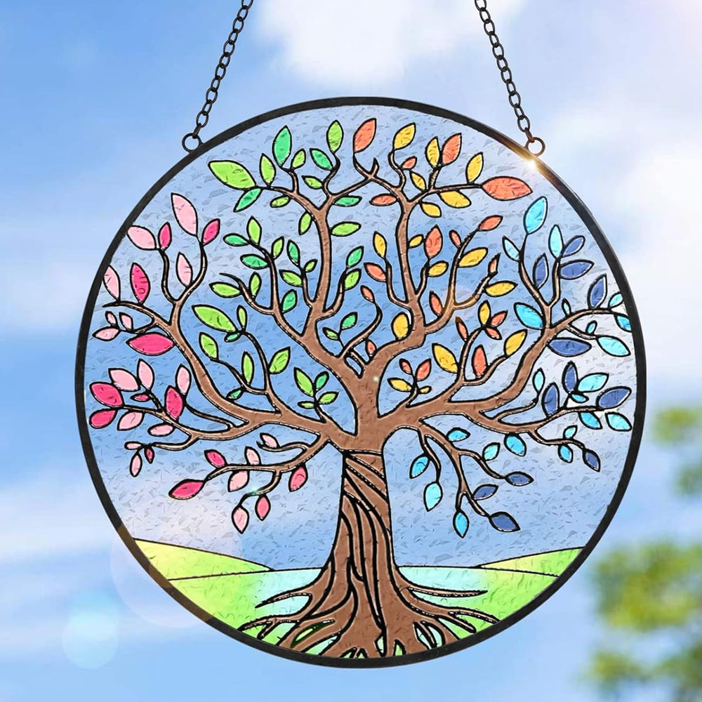 Seasons tree of life stained glass suncatcher window hanging, suitable for home and garden decoration
