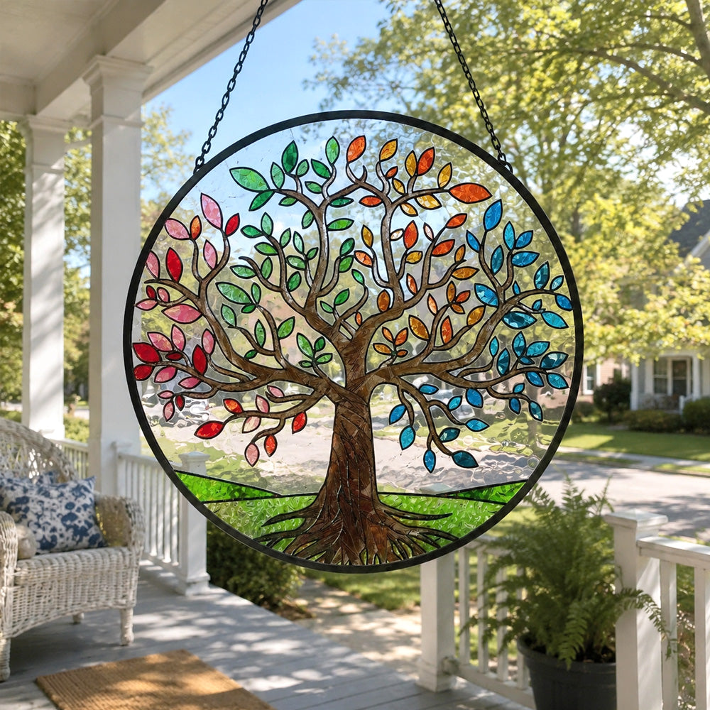 Seasons tree of life stained glass suncatcher window hanging, suitable for home and garden decoration
