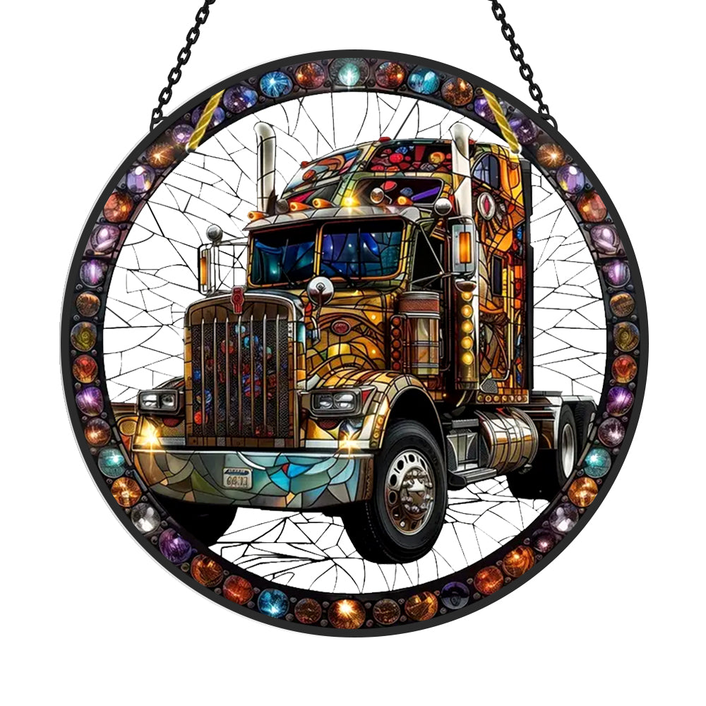 Semi truck big rig stained glass suncatcher window hanging, suitable for home and garden decoration