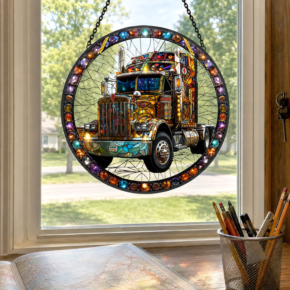 Semi truck big rig stained glass suncatcher window hanging, suitable for home and garden decoration