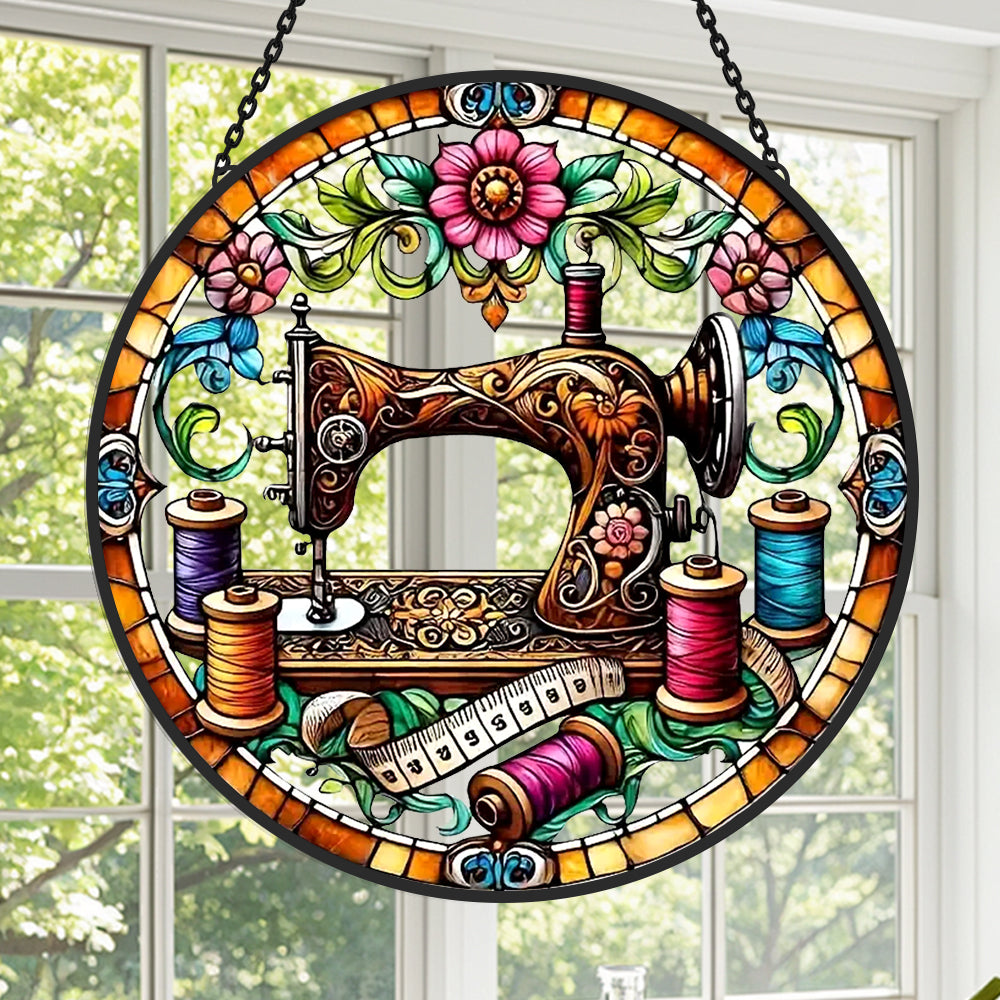 Sewing machine colorful thread stained glass suncatcher window hanging, suitable for home and garden decoration