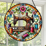 Sewing machine colorful thread stained glass suncatcher window hanging, suitable for home and garden decoration