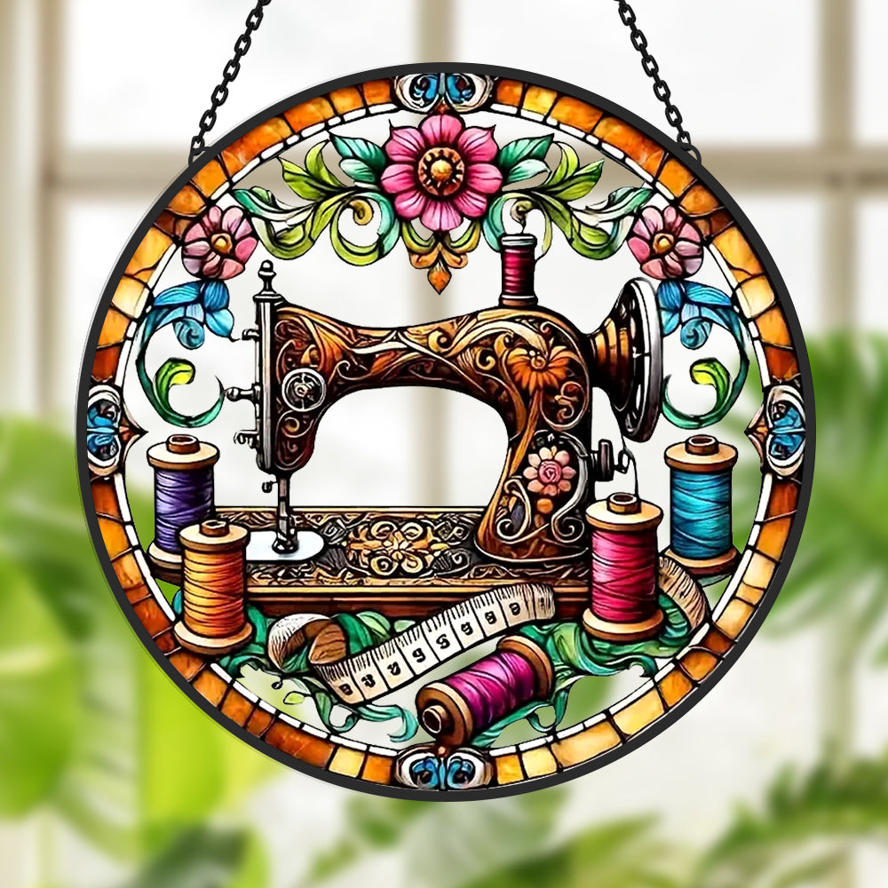 Sewing machine colorful thread stained glass suncatcher window hanging, suitable for home and garden decoration
