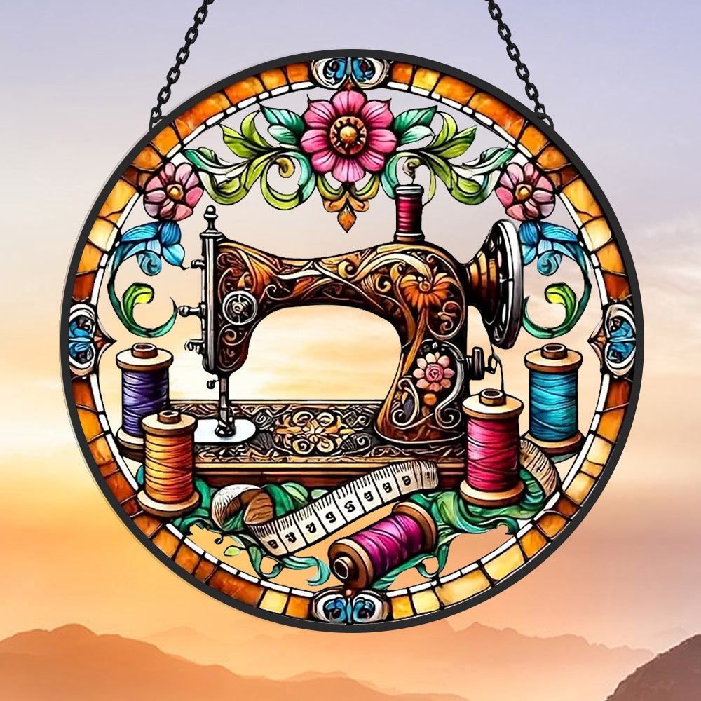 Sewing machine colorful thread stained glass suncatcher window hanging, suitable for home and garden decoration