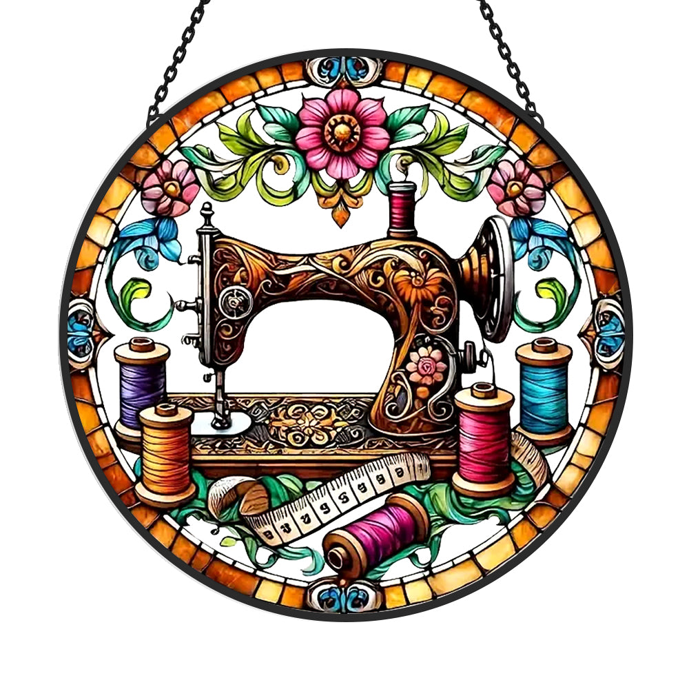 Sewing machine colorful thread stained glass suncatcher window hanging, suitable for home and garden decoration