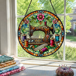 Sewing machine colorful thread stained glass suncatcher window hanging, suitable for home and garden decoration