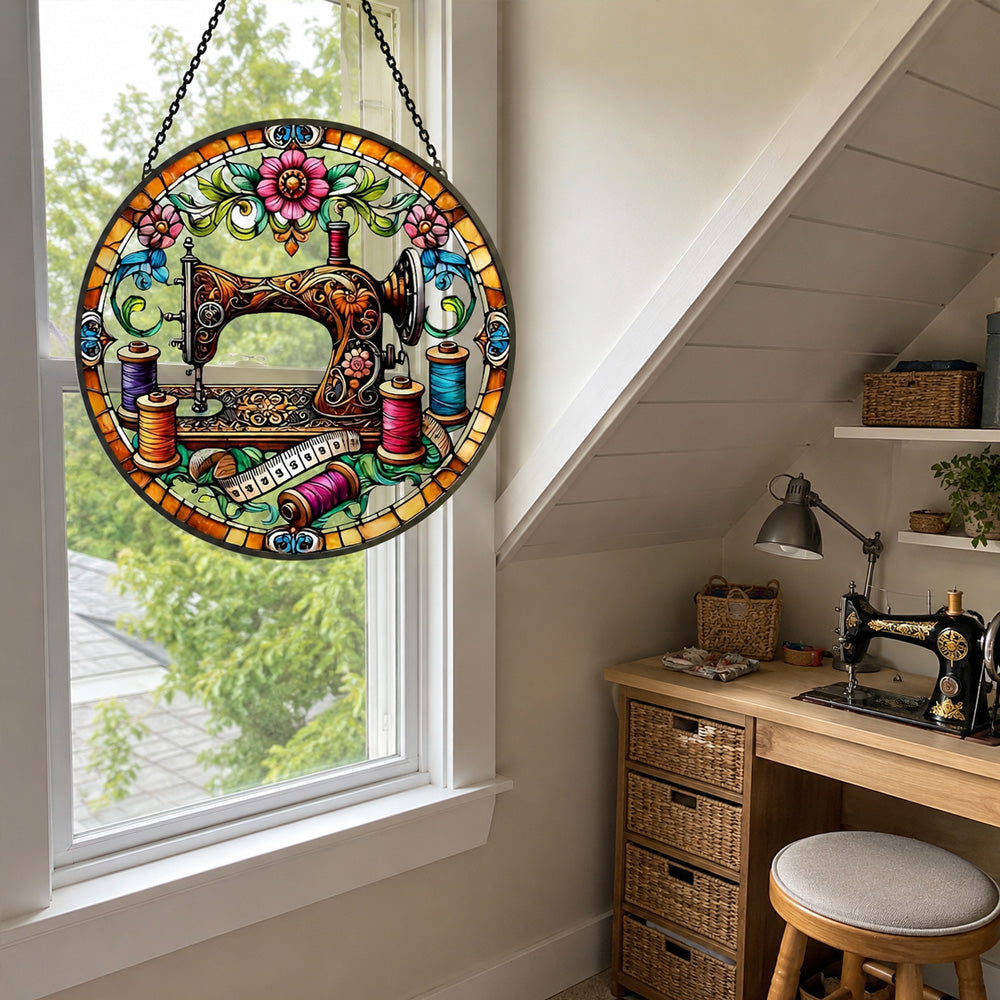 Sewing machine colorful thread stained glass suncatcher window hanging, suitable for home and garden decoration