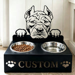 Personalized shar pei metal dog bowl stand with custom name cutout and two removable feeding bowls