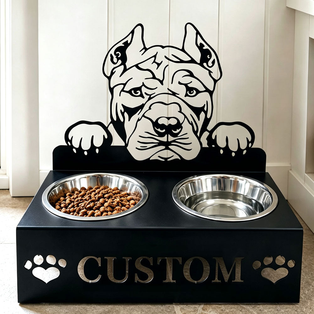 Personalized shar pei metal dog bowl stand with custom name cutout and two removable feeding bowls