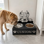 Personalized shar pei metal dog bowl stand with custom name cutout and two removable feeding bowls