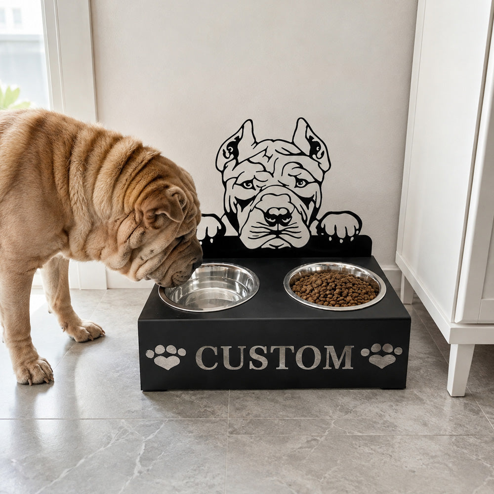 Personalized shar pei metal dog bowl stand with custom name cutout and two removable feeding bowls