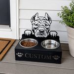 Personalized shar pei metal dog bowl stand with custom name cutout and two removable feeding bowls