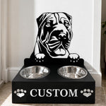 Personalized shar pei metal dog bowl stand with custom name cutout and two removable feeding bowls