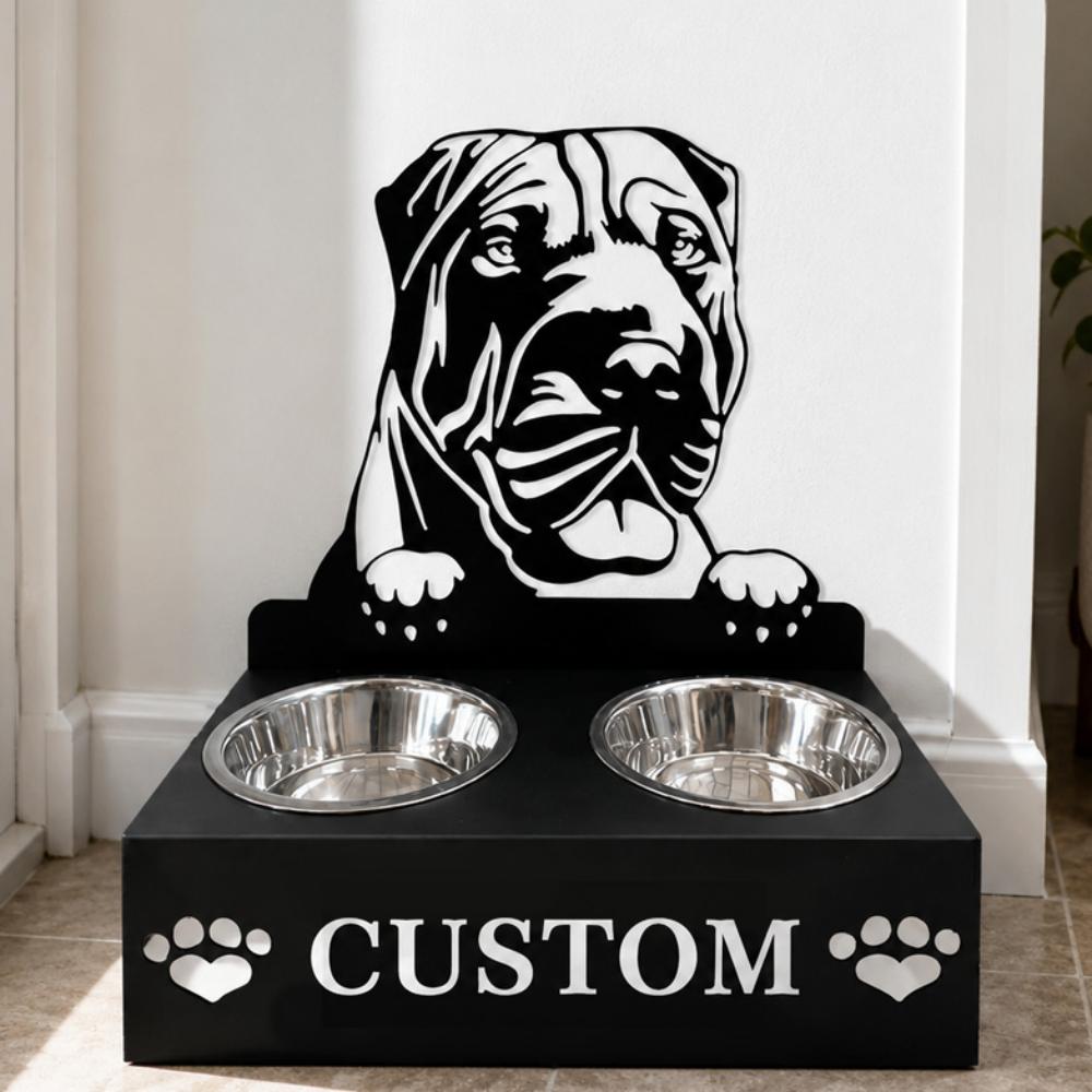 Personalized shar pei metal dog bowl stand with custom name cutout and two removable feeding bowls