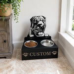 Personalized shar pei metal dog bowl stand with custom name cutout and two removable feeding bowls