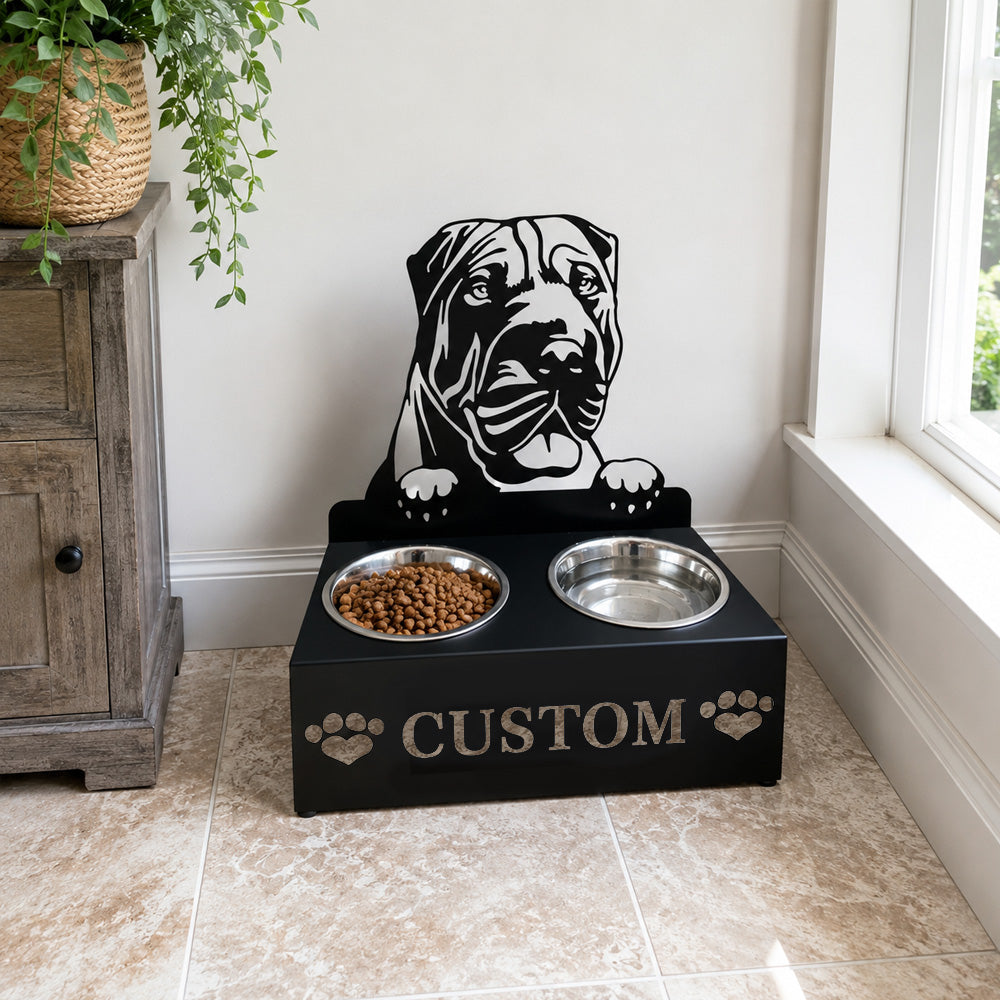 Personalized shar pei metal dog bowl stand with custom name cutout and two removable feeding bowls