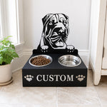 Personalized shar pei metal dog bowl stand with custom name cutout and two removable feeding bowls
