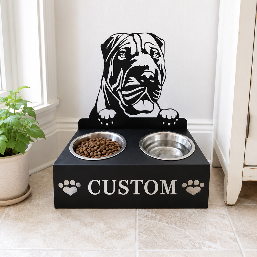 Personalized shar pei metal dog bowl stand with custom name cutout and two removable feeding bowls
