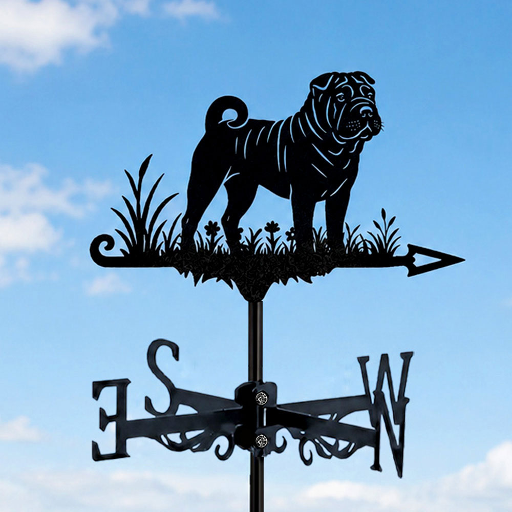 Shar pei metal weather vane with directional arrows and mounting rod, outdoor roof and garden decoration