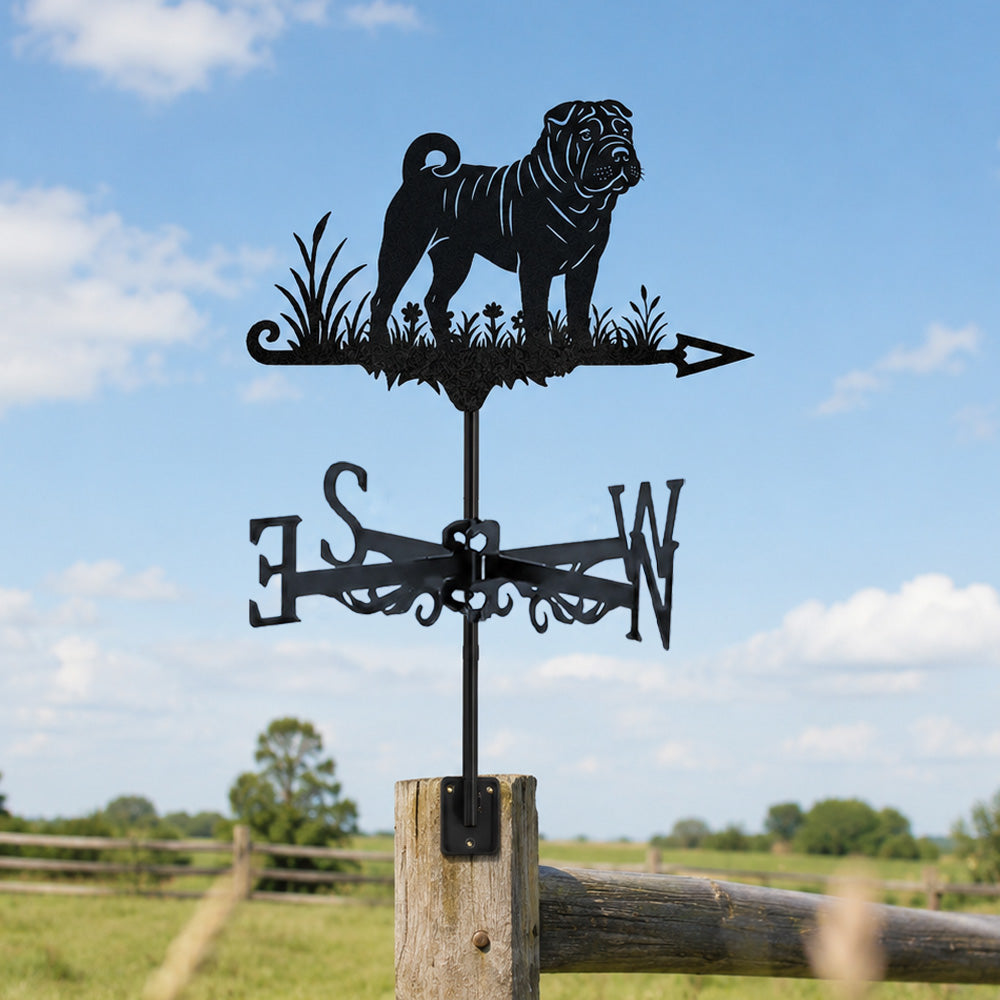 Shar pei metal weather vane with directional arrows and mounting rod, outdoor roof and garden decoration
