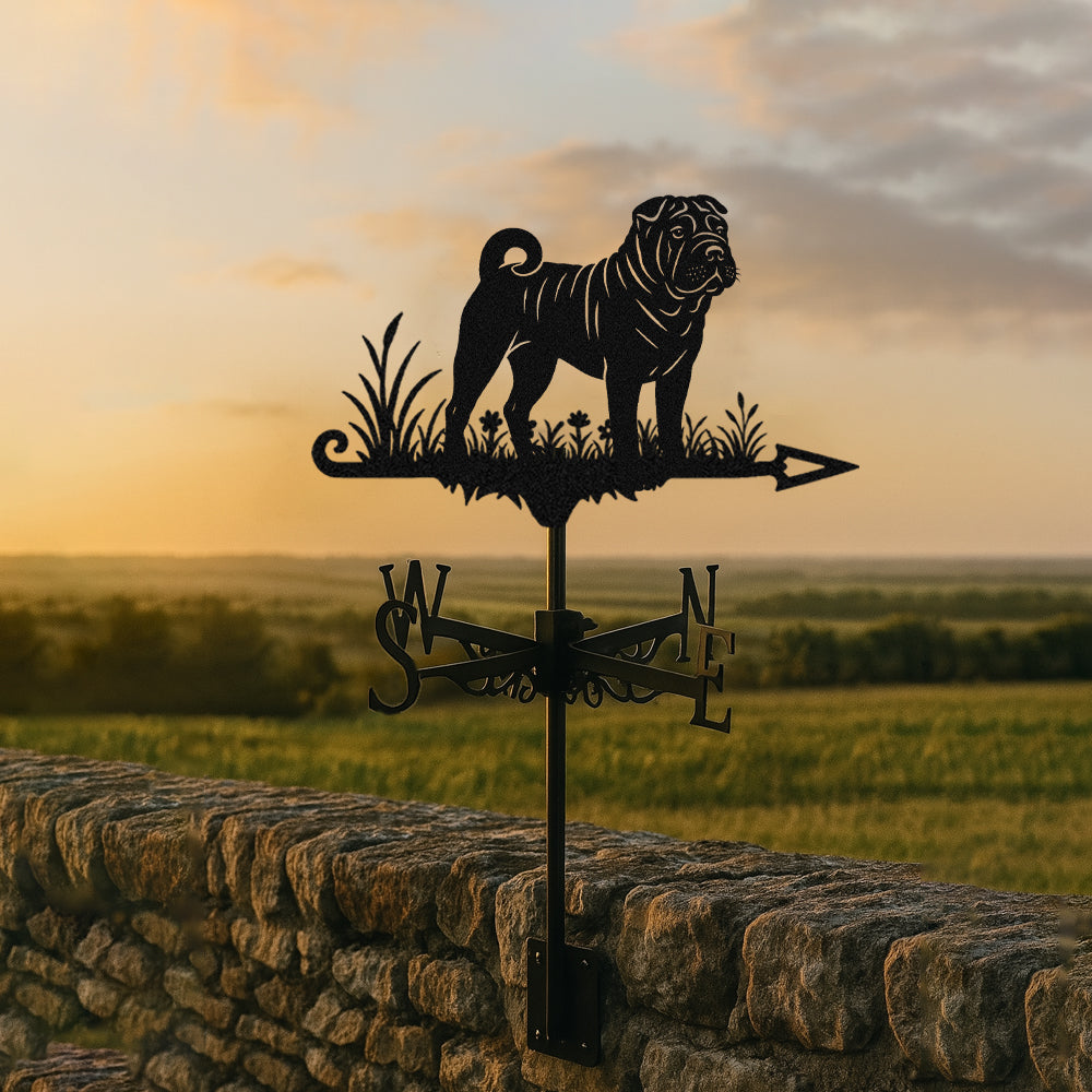 Shar pei metal weather vane with directional arrows and mounting rod, outdoor roof and garden decoration