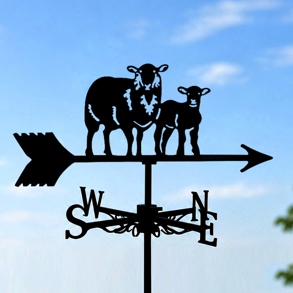Sheep and lamb metal weather vane with directional arrows and mounting rod, outdoor roof and garden decoration