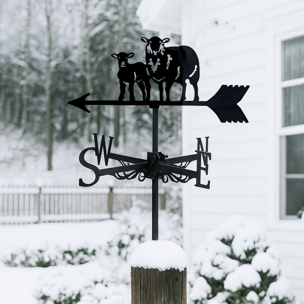 Sheep and lamb metal weather vane with directional arrows and mounting rod, outdoor roof and garden decoration